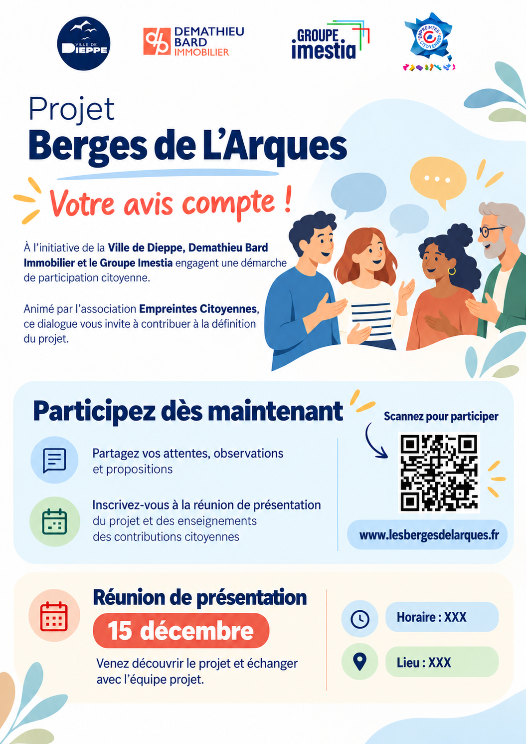 Flyer du projet Berges de l’Arques : invitation à donner son avis et à la rencontre citoyenne de présentation du 15 décembre.